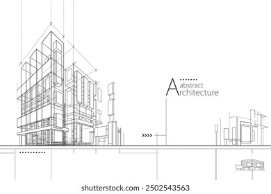 3D illustration abstract modern urban building out-line black and white drawing of imagination architecture building construction perspective design. 