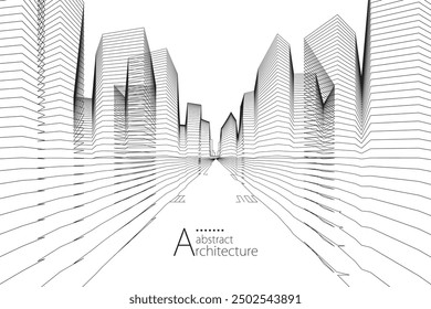 3D illustration, abstract modern urban landscape line drawing, imaginative architecture building construction perspective design.