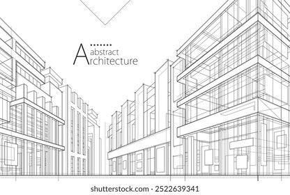 Ilustración 3D, dibujo abstracto de línea de paisaje urbano moderno, diseño de perspectiva de construcción de edificios de arquitectura imaginativa.