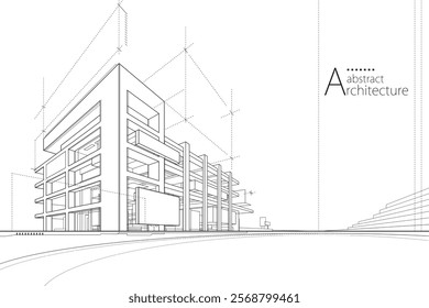 3D illustration abstract modern urban building out-line black and white drawing of imagination architecture building construction perspective design. 