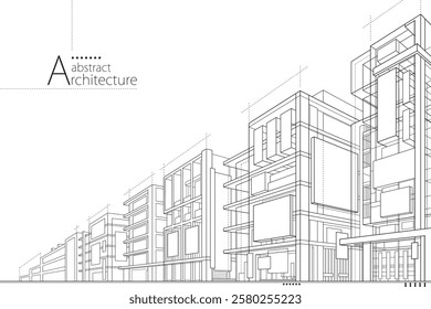 3D illustration, abstract modern urban landscape line drawing, imaginative architecture building construction perspective design.