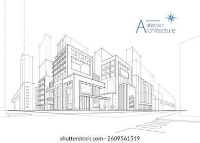 3D illustration, abstract modern urban landscape line drawing, imaginative architecture building construction perspective design.