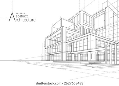 Illustration 3D, dessin abstrait de ligne de paysage urbain moderne, architecture imaginative construction construction perspective conception.