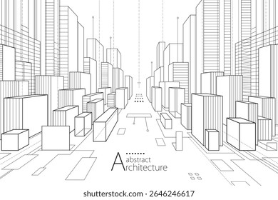 3D illustration, abstract modern urban landscape line drawing, imaginative architecture building construction perspective design.