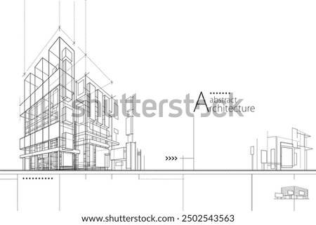 3D illustration abstract modern urban building out-line black and white drawing of imagination architecture building construction perspective design. 