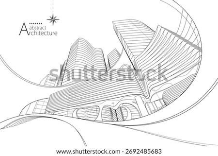 3D illustration, abstract modern urban landscape line drawing, imaginative architecture building construction perspective design.
