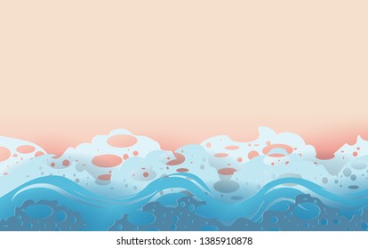 3D illustration of Abstract sea waves on the beach. Summertime season background with seacoast.Creative design paper art sea waves with lines curve and bubbles. Digital Paper cut and craft style.vector