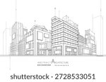 3D illustration of an abstract urban building, featuring an imaginative architectural design with outlined drawings.  