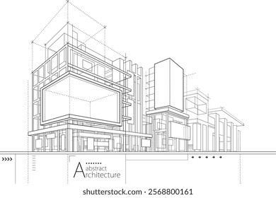 3D illustration abstract urban building black and white out-line drawing of imagination architecture building construction perspective design.
