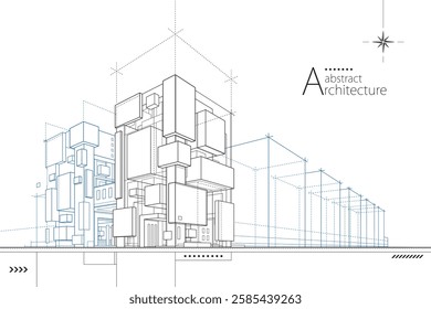 3D illustration abstract urban building out-line drawing of imagination architecture building construction design.
