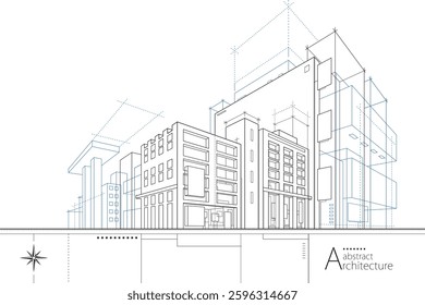 3D illustration abstract urban building out-line drawing of imagination architecture building construction design.
