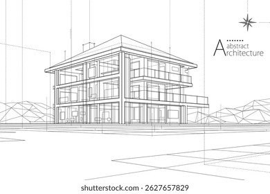 Ilustração em 3D desenho esquemático do edifício urbano abstrato da imaginação arquitetura design de construção de edifícios.