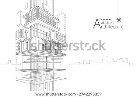A 3D illustration of an abstract urban building, featuring an imaginative architectural design with outlined drawings.  