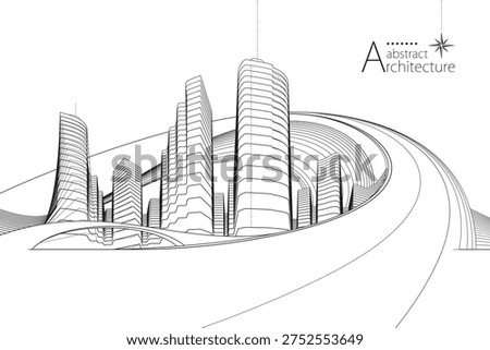 3D illustration abstract urban landscape, imaginative architectural perspective line drawing.
