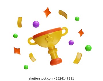 Ilustração 3d da taça de conquista. O prêmio é retratado em um fundo branco cercado por confetes e estrelas. Emblemas simbolizando sucesso e vitória.