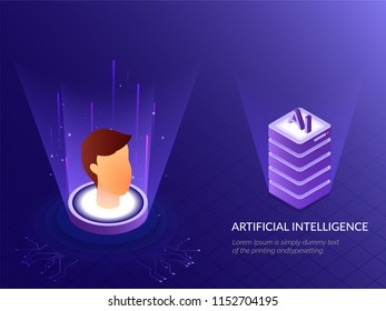 Ilustración 3D del servidor web AI sobre fondo azul brillante para el diseño de la página de inicio de la Inteligencia Artificial basada en el concepto de aprendizaje automático.