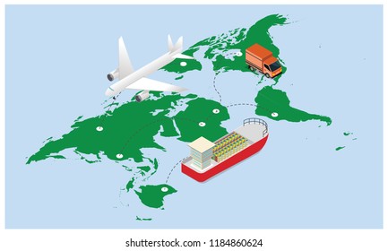 Ilustración en 3D del rastreo de carga aérea, transporte por carretera y transporte marítimo en el contexto de los mapas mundiales para diferentes conceptos de transporte.