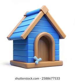 3d illustration alarm Dog house or pet box 3d render. Wood kennel hut for puppy. Cute blue doghouse with wooden roof, arched entrance and bone for backyard and animal shelter. Cartoon isolated render 