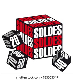 3D illustration to announce the reductions - translation text: sales.
On a white background, a big cube with the words balances and three little ones like a dice game with percentages figures.