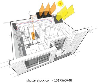 3d illustration of apartment with additional solar water heating panels and photovoltaic panels on the roof as source of electric energy