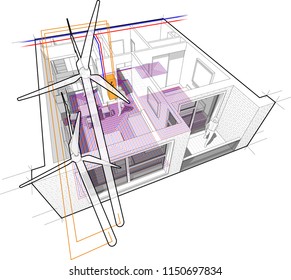3d illustration of apartment completely furnished with hot water floor heating and central heating pipes as source of heating energy for floor heating