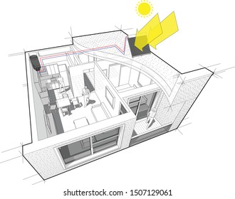 3d illustration of apartment completely furnished with with additional solar water heating panels on the roof 