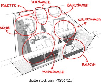3d illustration of Apartment diagram with hand drawn notes in german language