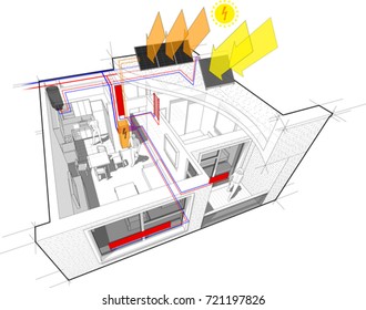 3d illustration of apartment with radiator heating and central heating pipes as source of heating energy with additional solar water heating panels and photovoltaic panels on the roof 