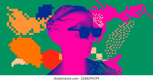 3D illustration of a Aphrodite statue earing sunglasses in pixel art style.