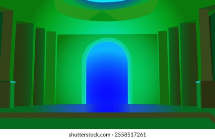 3D illustration of an arched corridor with green and blue lights, for decoration of interiors, scenes, views in abstract architectural style