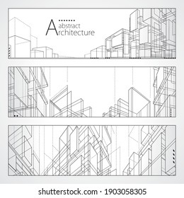 3D Illustration Architecture Abstract Modern Building, Architecture Building Construction Perspective Line Drawing Design Banner Set.