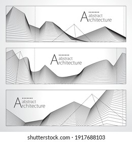 3D illustration architecture abstract modern building, Architecture building construction perspective line drawing design banner set.
