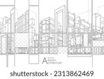 3D illustration architecture building construction perspective design, abstract modern urban building outline black and white drawing.

