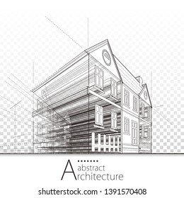 Ilustración 3D, arquitectura construcción perspectiva abstracta fondo. 