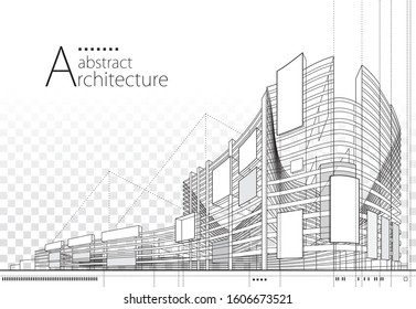 3D illustration architecture building construction perspective design,abstract modern urban building line drawing.