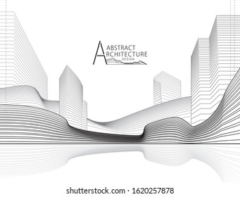 3D illustration architecture building construction perspective design, abstract modern urban landscape line drawing.