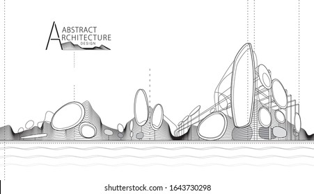 3D illustration architecture building construction perspective design, abstract modern urban landscape line drawing.