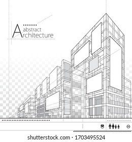 3D illustration architecture building construction perspective design, abstract modern urban building line drawing.