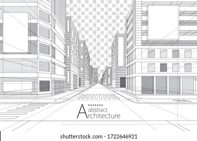 3D illustration architecture building construction perspective design,abstract modern urban street building line drawing.