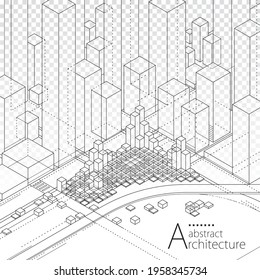 Ilustración 3D diseño de la construcción de la construcción de la construcción, fondo abstracto de la línea urbana moderna.