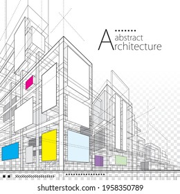 3D Illustration Architecture Building Construction Perspective Design, Abstract Modern Urban Line Drawing Background.