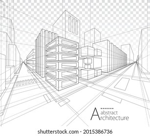 3D Illustration Architecture Building Construction Perspective Design,abstract Modern Urban Building Line Drawing.