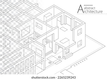 3D illustration architecture building construction perspective design, abstract modern urban building out-line black and white drawing.