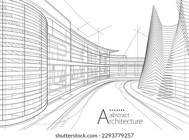 3D illustration architecture building construction perspective design, abstract modern urban building out-line black and white drawing.