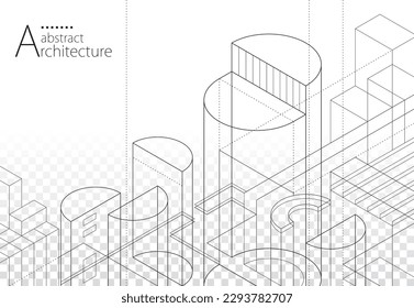 3D illustration architecture building construction perspective design, abstract modern urban building out-line black and white drawing.