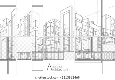 Ilustración 3D diseño de la construcción de la construcción de la construcción, diseño abstracto de edificio urbano moderno contorno el dibujo en blanco y negro.
