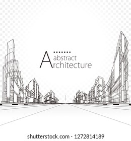 3d Illustration Architecture Building Perspective Lines Stock Vector ...