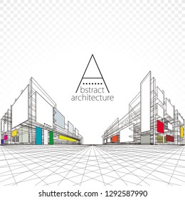 3D illustration architecture building perspective design, modern urban architecture abstract background.