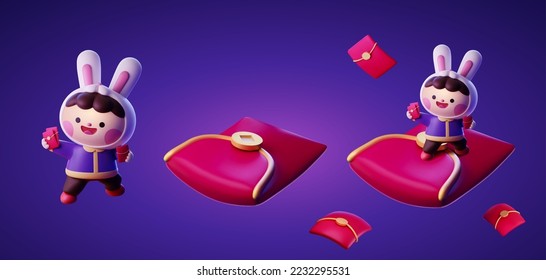 3D Illustration of an Asian boy in rabbit headdress standing on red envelop like riding on a magic carpet