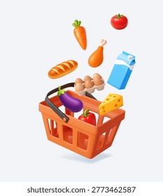 3D illustration of assorted groceries like vegetables, bread, eggs, milk, and cheese falling into a shopping basket, symbolizing retail and food purchase. 3d rendering. Vector illustration
